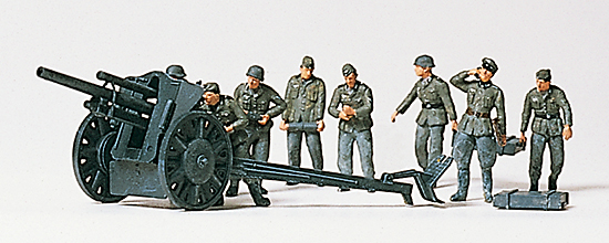Light field howitzer 105 mm leFH 18 with 8 gunners and accessories (unpainted)<br /><a href='images/pictures/Preiser/16514.jpg' target='_blank'>Full size image</a>